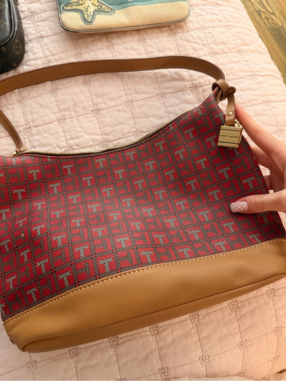 Tommy Hilfiger Red Signature Canvas Shoulder Bag with Tan Leather Trim